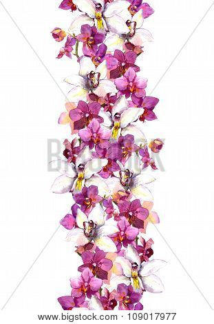 Chic floral seamless frame pattern with tropical flowers orchid. Watercolor