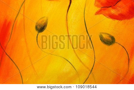 poppy painting on orange background. Flower on abstract color background