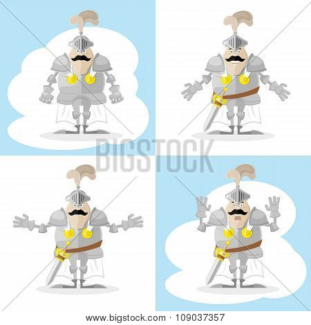 A Set Of Vector Shapes Funny Medieval Knight In White Cloak Isolated On White Background