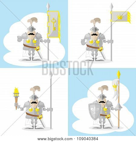 A Set Of Vector Shapes Funny Medieval Knight In White Cloak With Spear And Flag Isolated On White Ba