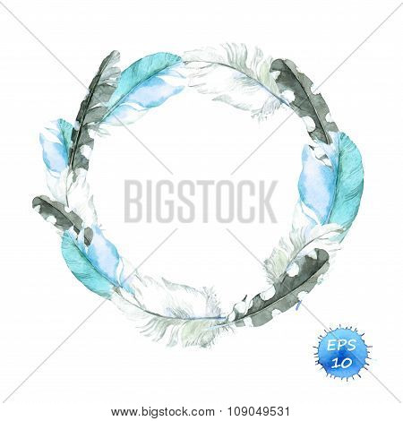 Feathers of blue bird. Wreath border. Watercolor vector for fashion