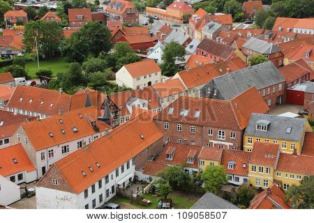 Houses With Red Tile Roof In Birdseye Perspective