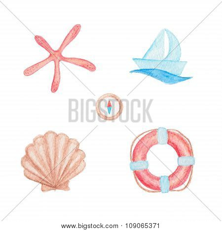 Boat, Seashell, Compass, Lifebuoy And Starfish Darwings