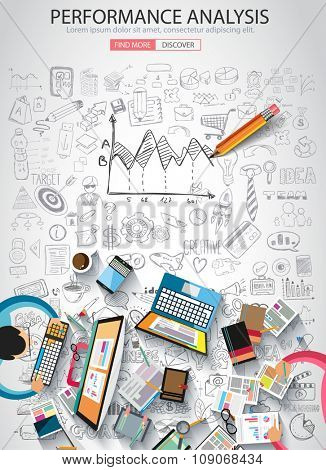 Performance Analysis concet with Doodle design style :finding solution, brainstorming, creative thinking. Modern style illustration for web banners, brochure and flyers.