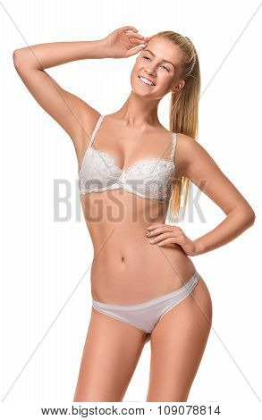 Young blonde woman wearing white underwear isolated over light b