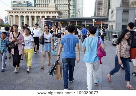 SHANGHAI, CHINA, 25 JULY, 2015:Visitors in Shanghai. Tourists in the Shanghai Lujiazui financial and Trade Zone at 25 July, 2015