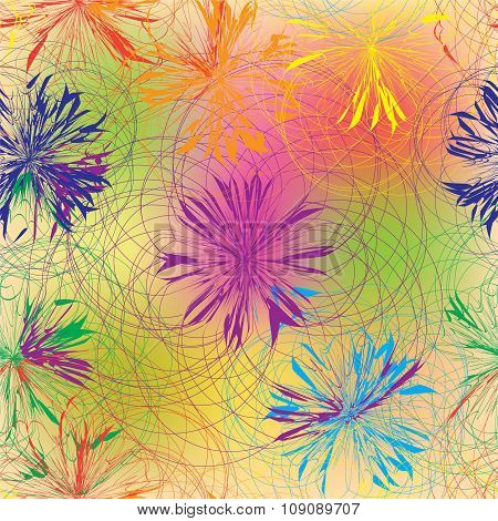 Seamless pattern with colorful grunge circles on bright stained background