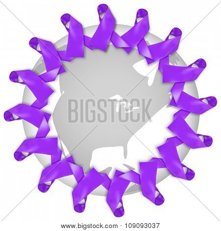 Purple Alzheimers Disease or Cystic Fibrosis ribbons around the world, North America or United States USA to illustrate a national or global fight against the disease