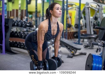 Fit woman fitness performing doing deadlift exercise with dumbbell.