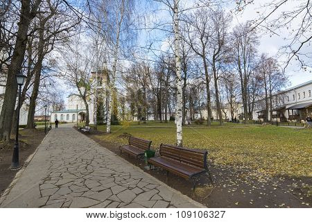 Suzdal, Russia -06.11.2015. Park on the territory of   St. Euthymius monastery in Suzdal. Golden Rin
