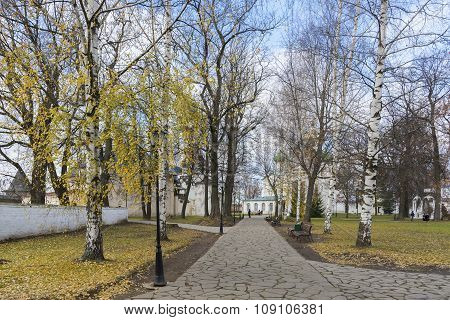Suzdal, Russia -06.11.2015. Park on the territory of   St. Euthymius monastery in Suzdal. Golden Rin