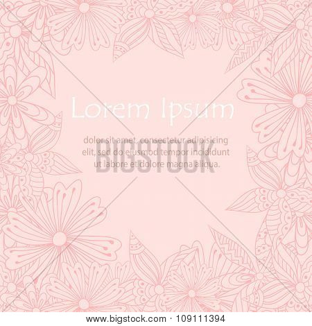 Doodle flowers frame for greeting card in pale colors