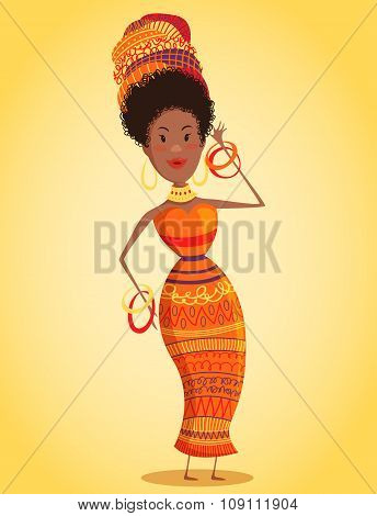 Cartoon beautiful African woman in turban and traditional costume with ethnic geometric ornament ful