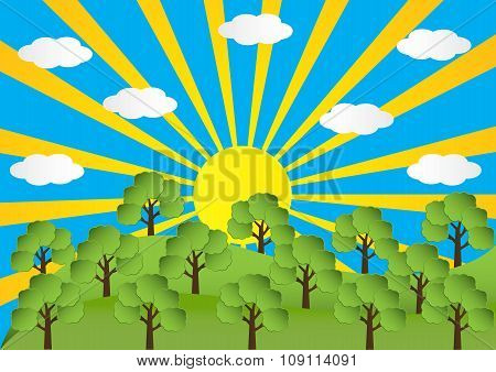 Landscape Of Spring Season Mountain With Sun Ray And Cloud And Trees. Vector Illustration.