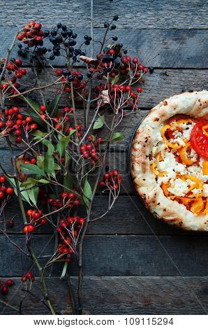 Vegetable ragout , vegetable casserole with tomato, food close up. Vegetable ragout on wood table, c