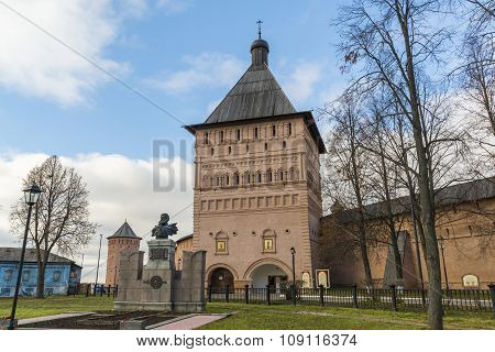 Suzdal, Russia -06.11.2015. Dmitry Pozharsky monument in square in front St. Euthymius monastery at