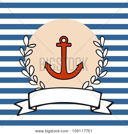 Nautical vector card or sailor invitation with anchor and blue stripes
