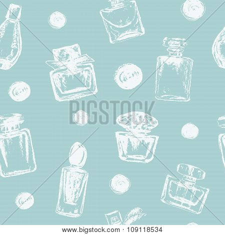 Vector Chalk Drawn Perfume Bottles And Polka Dot Seamless Pattern
