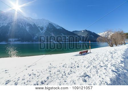 Mountain Lake Winter Landscape on a Sunny Day. Achensee Austria.