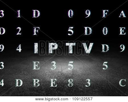 Web development concept: IPTV in grunge dark room