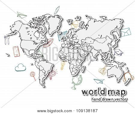 Hand drawn realistic world map.