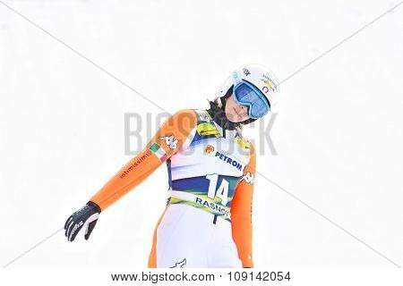 Rasnov, Romania - February 7: Unknown Ski Jumper Competes In The Fis Ski Jumping World Cup Ladies On
