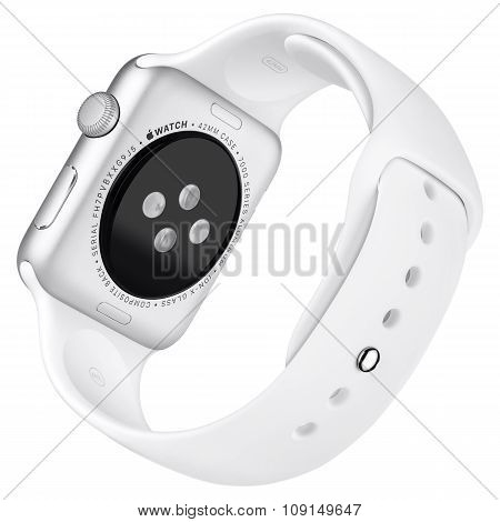Apple Watch Sport 42Mm Silver Aluminum Case With White Sport Band Back View