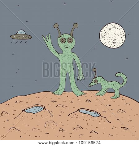 Green Alien With Dog