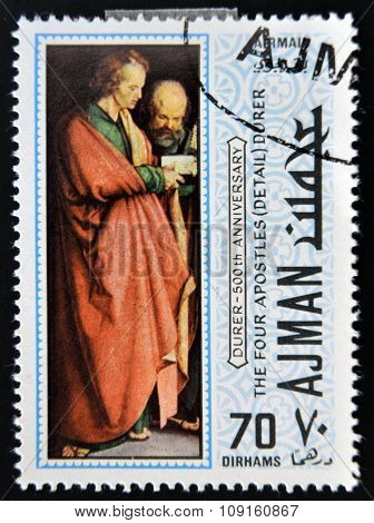 AJMAN - CIRCA 1970: a stamp printed in Ajman shows The Four Apostles Detail Painting