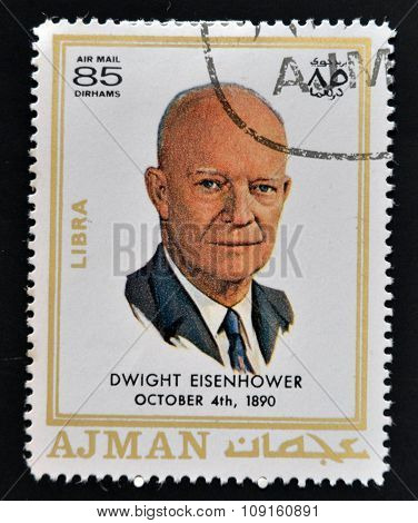 AJMAN - CIRCA 1970: A stamp printed in Ajman shows Dwight David Eisenhower circa 1970