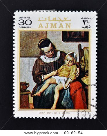 AJMAN - CIRCA 1970: A stamp printed in Ajman shows sick boy by Metsu circa 1970
