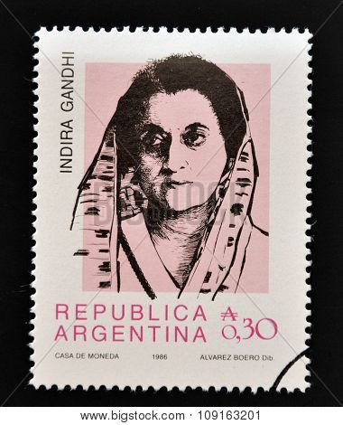 ARGENTINA - CIRCA 1986: Stamp printed in Argentina shows Indira Gandhi