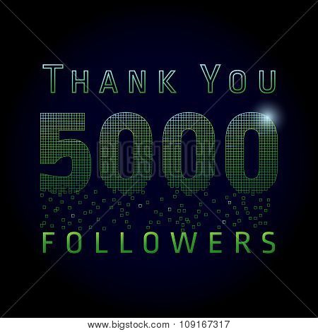 Thank you 5 000 followers numbers. Vector congratulating thanks green colored card for network friends or % off discount, shining pixels. Five thousand likes abstract celebrating picture, greetings.