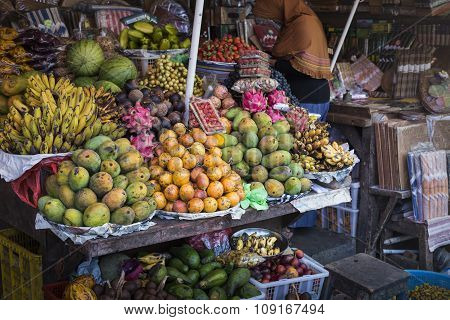 Open Air Fruit Market In The Village In Bali, Indonesia.