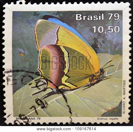 BRAZIL - CIRCA 1979: A stamp printed in Brazil shows a butterfly evenus regalis circa 1979.
