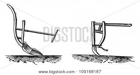 Fig no 820 Chinese plow arm, Fig no 821 Chinese plow paddy field, vintage engraved illustration. Industrial encyclopedia E.-O. Lami - 1875. 