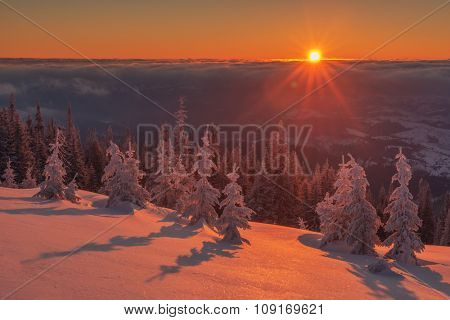 Fantastic orange evening landscape glowing by sunlight. Dramatic wintry scene with snowy trees. Kukul ridge, Carpathians, Ukraine, Europe. Merry Christmas!