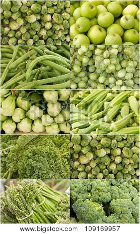 Variety of popular farmers market fruits and vegetables in produce collage imagery