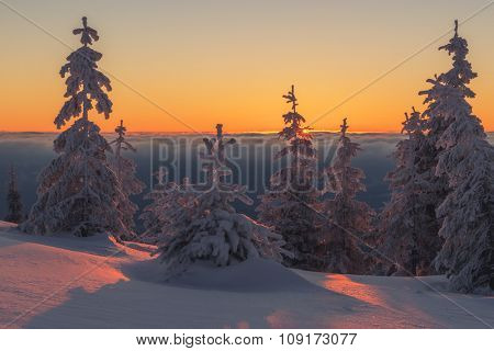 Fantastic orange evening landscape glowing by sunlight. Dramatic wintry scene with snowy trees. Kukul ridge, Carpathians, Ukraine, Europe. Merry Christmas!