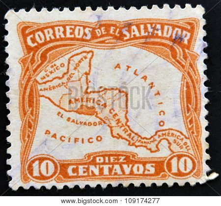EL SALVADOR - CIRCA 1924: A stamp printed in El Salvador shows Map of Central America