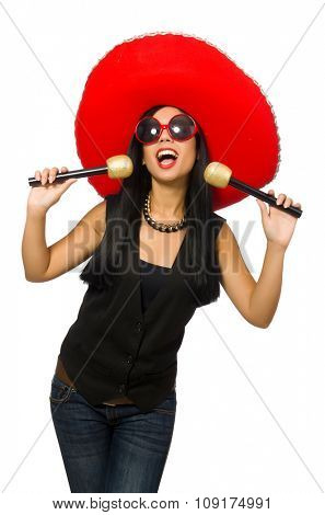 Young attractive woman wearing sombrero on white