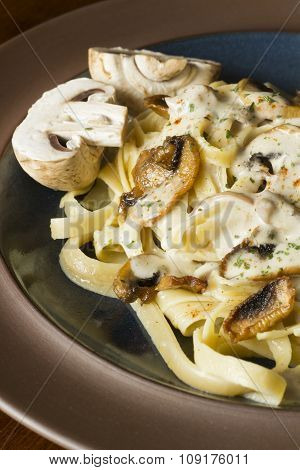 Fancy organic fetuccine pasta with creamy alfredo mushroom sauce
