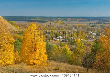 Landscape with view on Chervlene village from nearest hill sumskaya oblast Ukraine