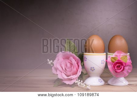 Eggcup And Boiled Egg, On Wooden Table.