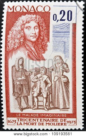 MONACO - CIRCA 1973: A stamp printed in Monaco shows The Imaginary Invalid by Moliere circa 1973