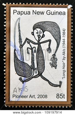 PAPUA NEW GUINEA - CIRCA 2008: A stamp printed in Papua dedicated to pioneer art shows long hair