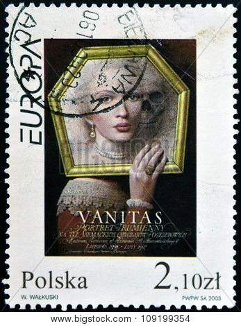 POLAND - CIRCA 2003: A stamp printed in Poland shows Vanitas poster by Wieslaw Walkuski circa 2003