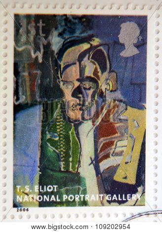 stamp printed in Great Britain dedicated to the national portrait gallery shows Thomas Stearns Eliot