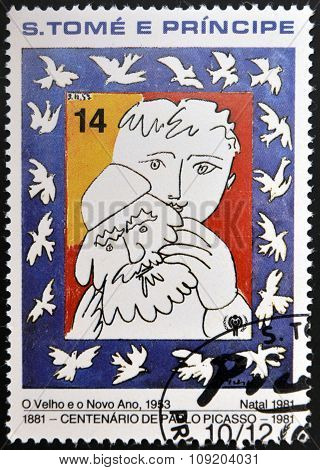 stamp printed in sao Tome shows the old and the new year by Pablo Picasso