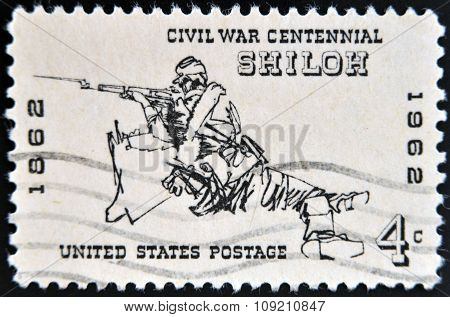 stamp printed in the USA shows soldier from American civil war in the Battle  of Shiloh